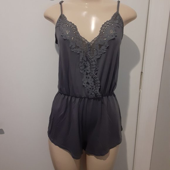 Victoria's Secret Other - Victoria's Secret Slate Gray w/Lace V Neck Romper Size Small
